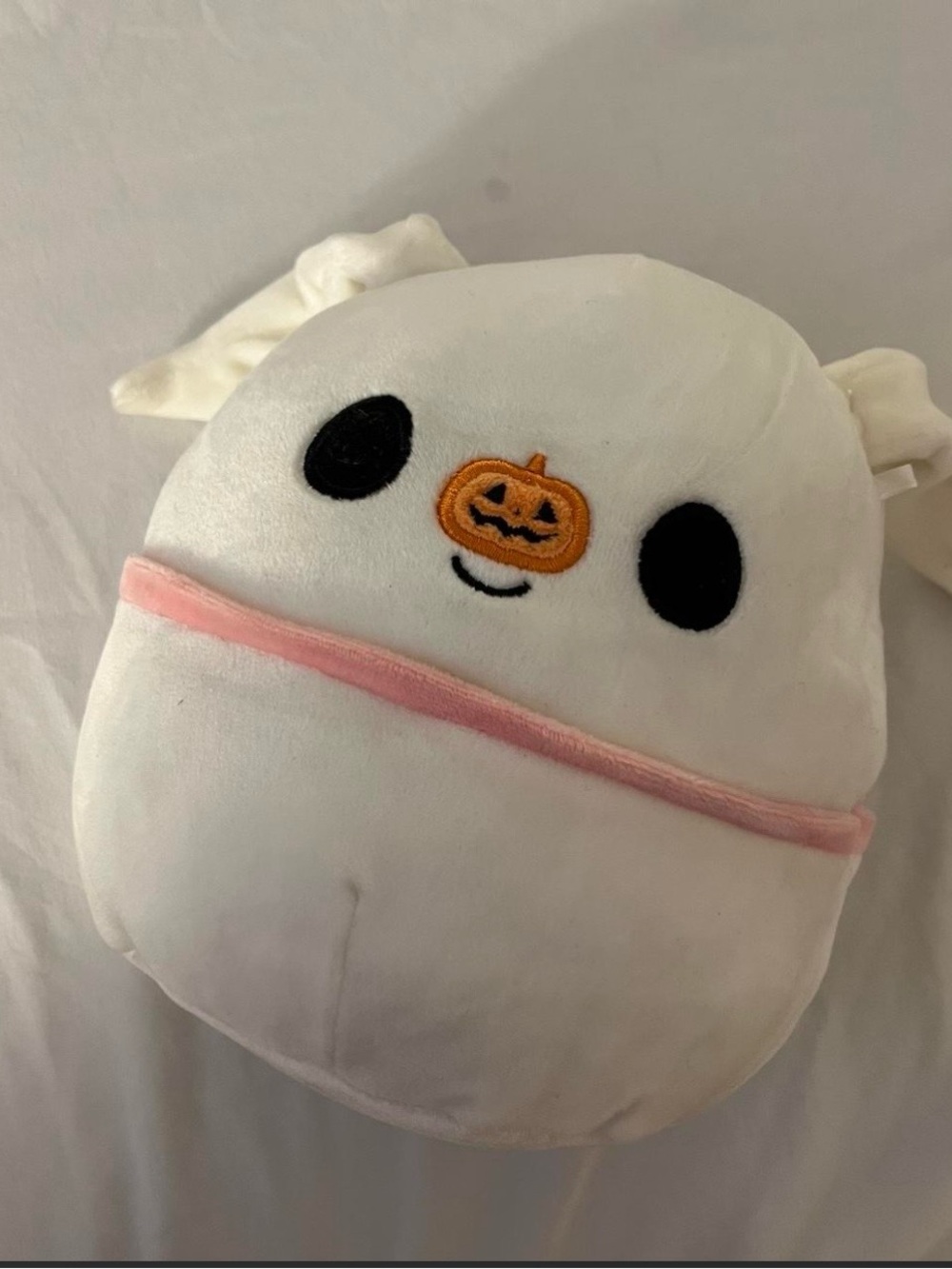 Squishmallows White Ghost with Pink Trim and Orange Pumpkin Face